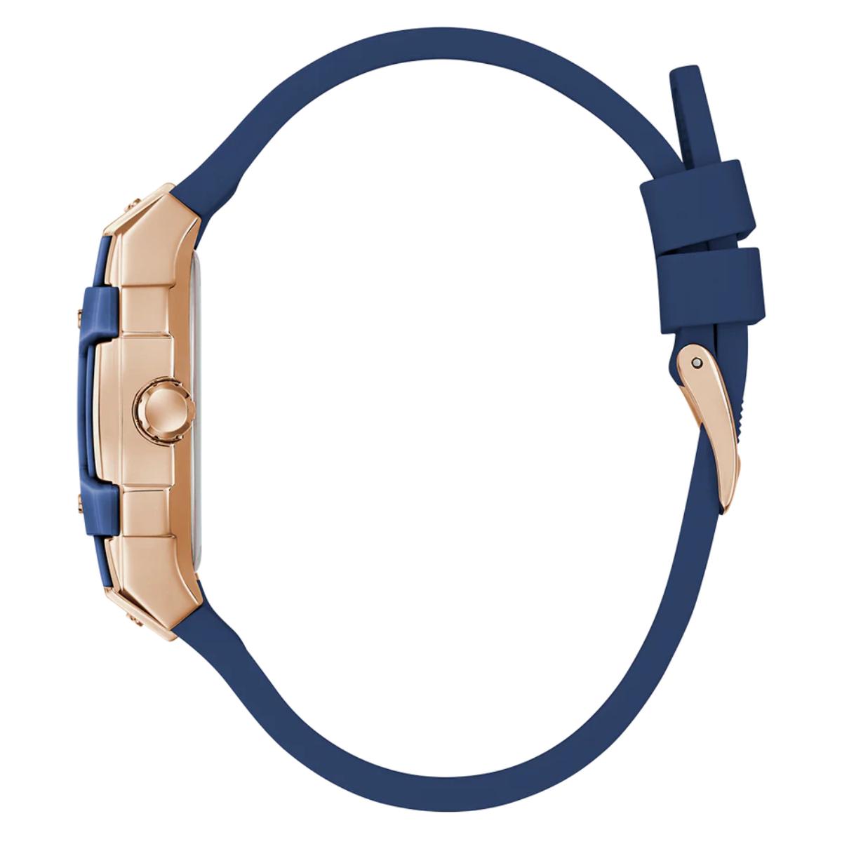 Wristwatch with blue strap and rose gold case on a white background