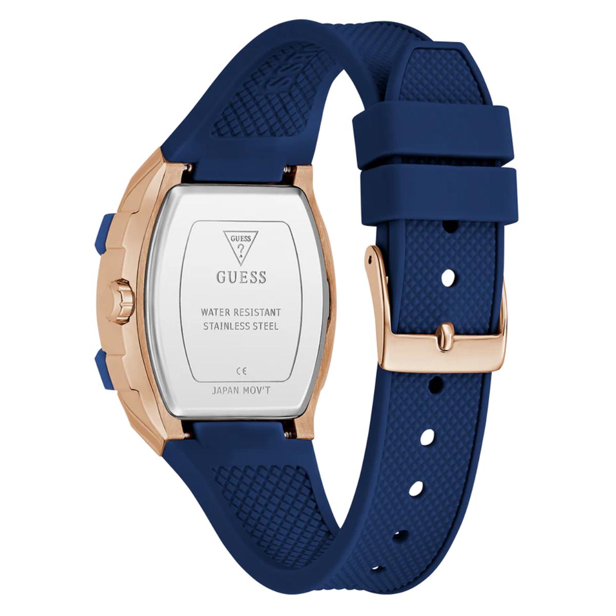 Guess watch with blue strap and rose gold case on white background