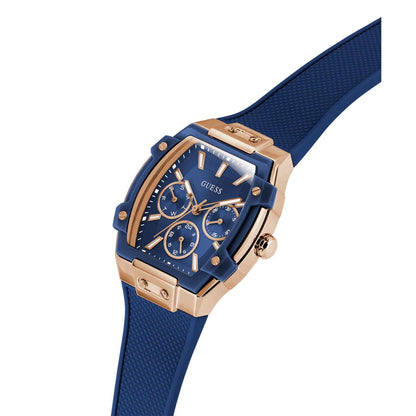 Blue and rose gold watch with 'GUESS' branding on a white background