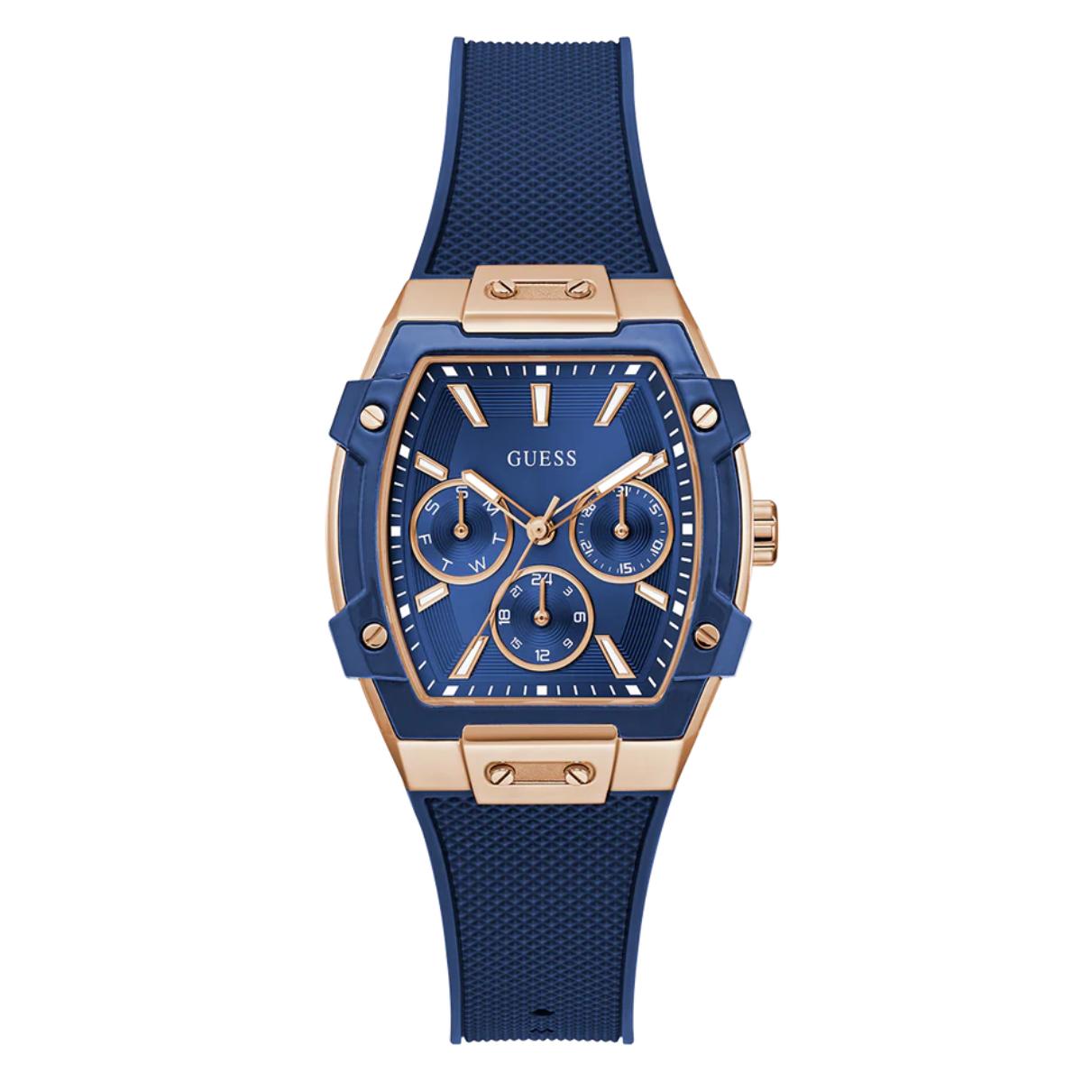 Blue and rose gold watch with 'GUESS' branding on a white background