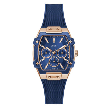 Blue and rose gold watch with 'GUESS' branding on a white background