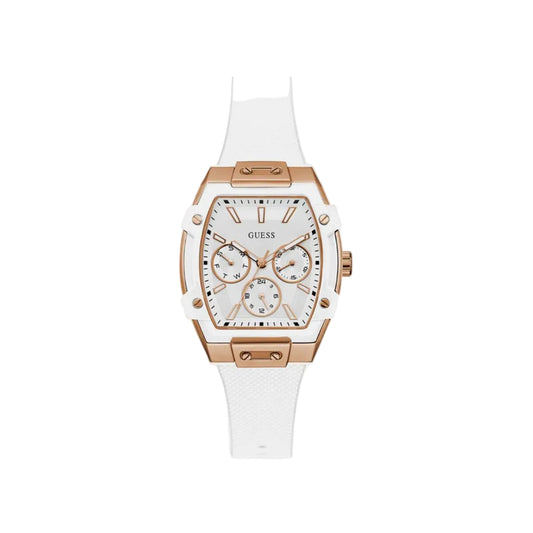 Rose gold watch with white face on a light gray background