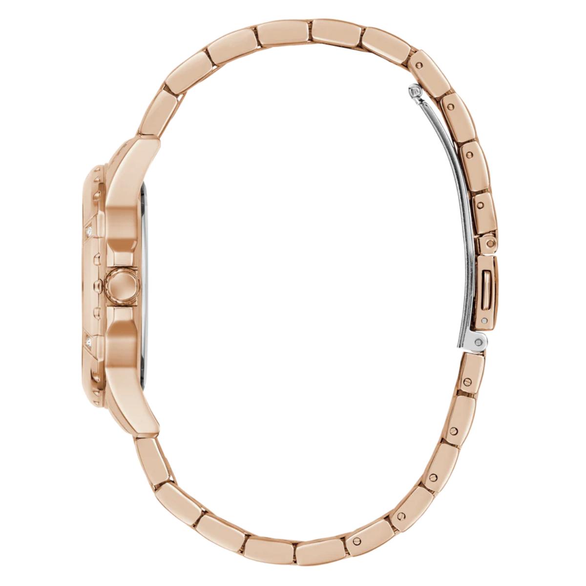 Rose gold watch case on a white background