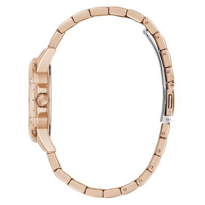 Rose gold watch case on a white background