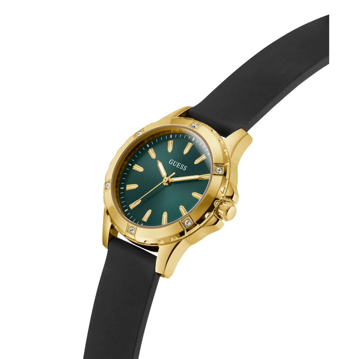 Gold watch with a green face and black strap on a white background