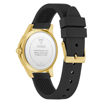 Black and gold watch with a visible brand logo on a white background