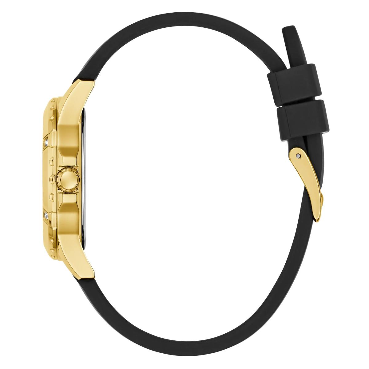 Gold watch with black strap on a white background