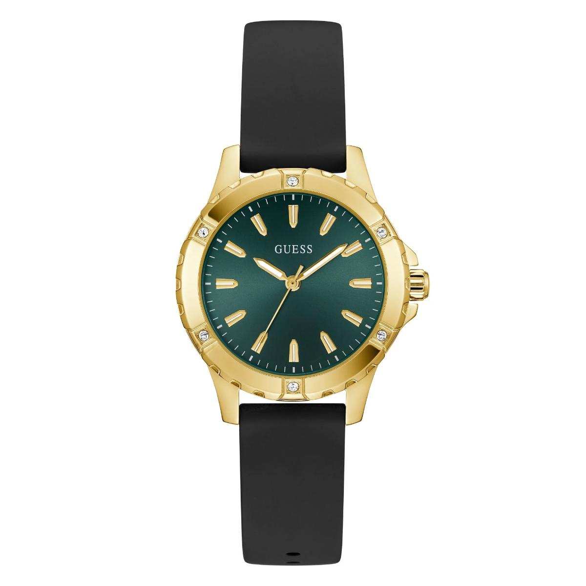 Gold watch with green face and black strap on white background
