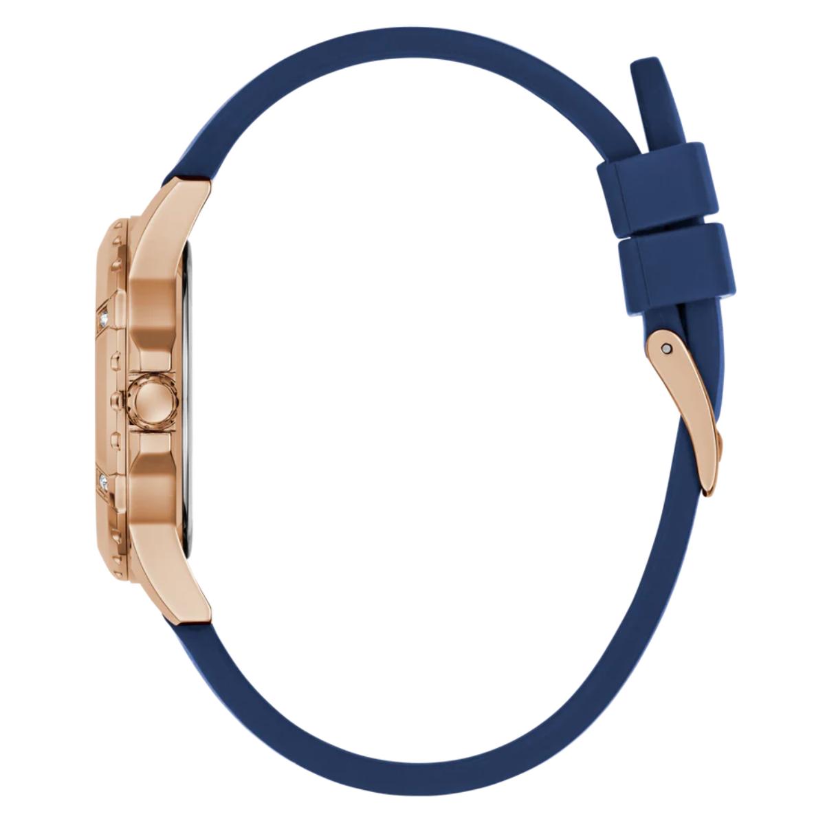 Watch with blue strap and rose gold case on a white background