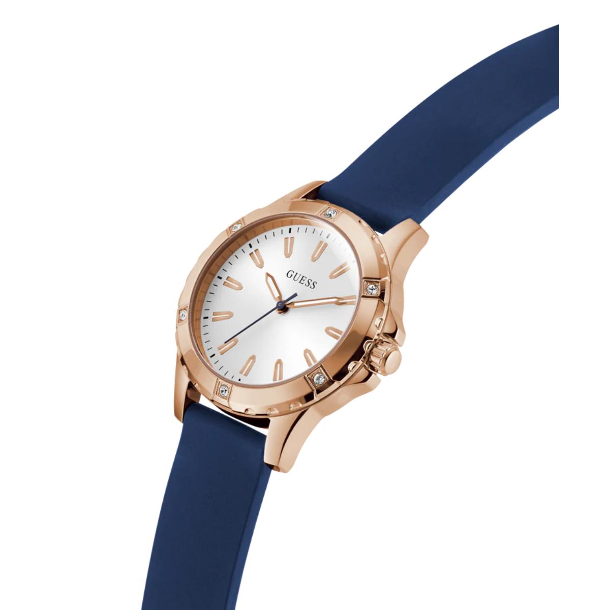 Wristwatch with rose gold case and blue strap on a white background