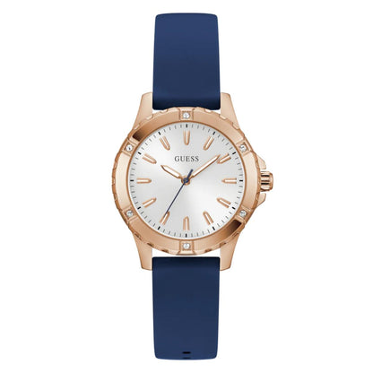 Guess watch with rose gold case and navy blue strap on a white background
