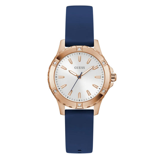 Guess watch with rose gold case and navy blue strap on a white background