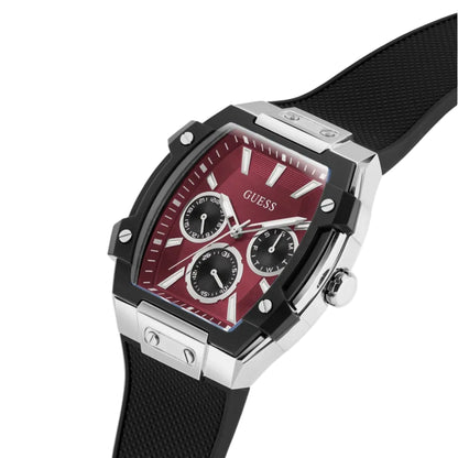 Black and silver watch with a red face on a white background