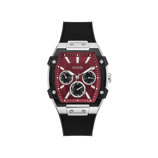 Black and red watch with silver accents on a white background