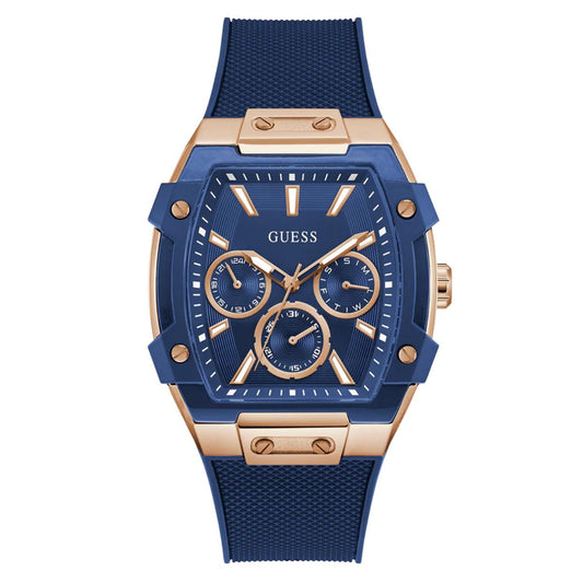 Blue and rose gold watch with 'Guess' branding on a white background