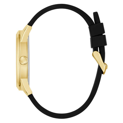 Gold watch case with black strap on a white background