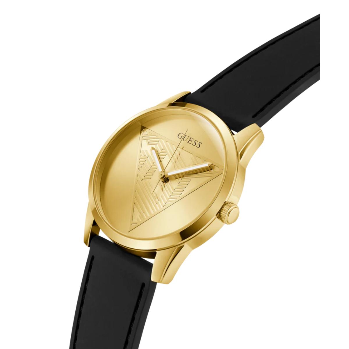 Gold watch with black strap on a white background
