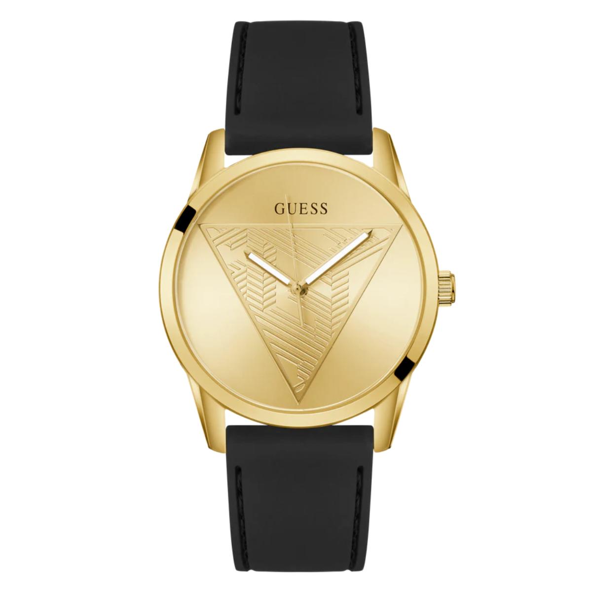 Gold watch with black strap on a white background