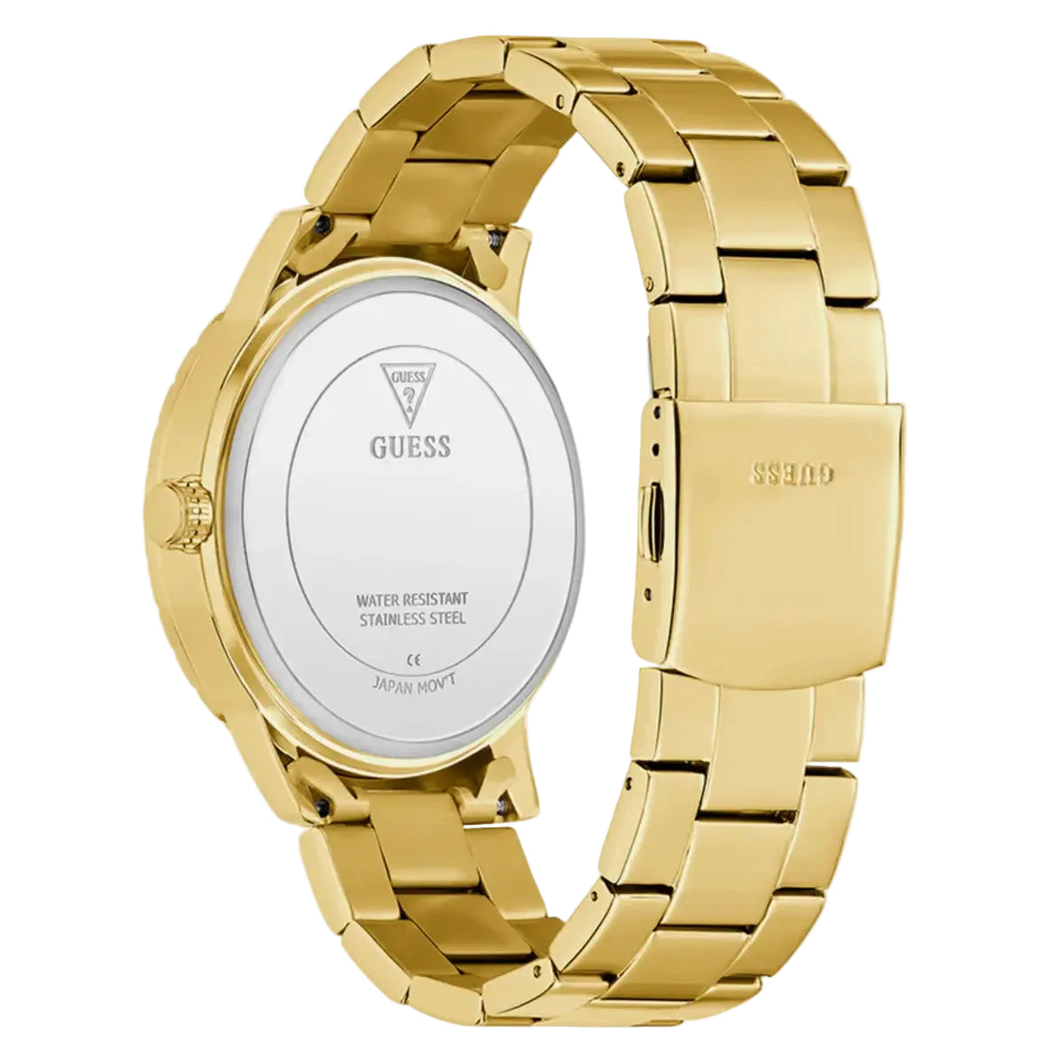Gold watch with a visible brand logo on a white background