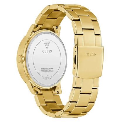Gold watch with a visible brand logo on a white background