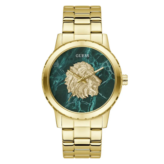 Gold watch with a green marble-like face and lion design on a white background