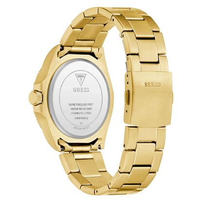Gold watch with visible brand logo on a white background