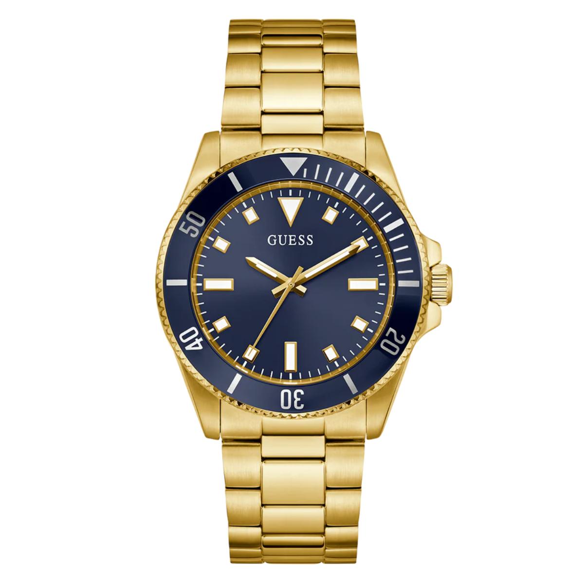 Gold watch with a blue dial on a white background