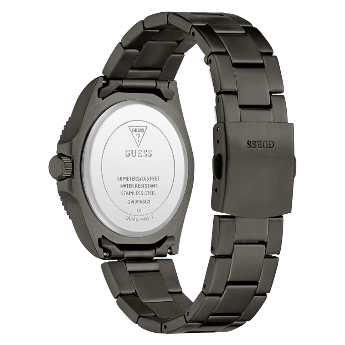 Gray metal watch with visible brand logo on a white background