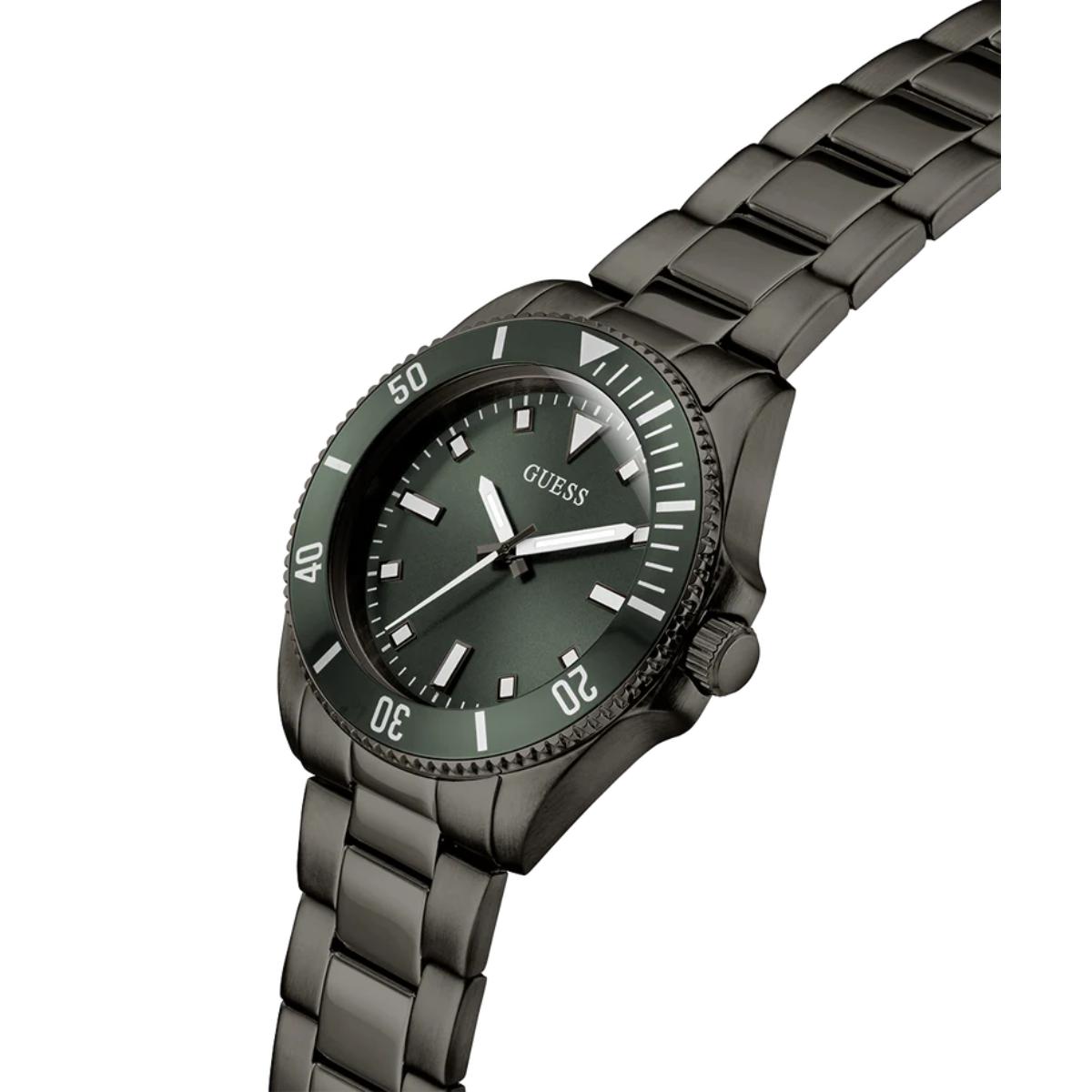 Gray wristwatch with a metallic band on a white background