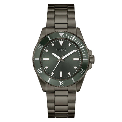 Guess watch with dark green dial and metallic band on a white background