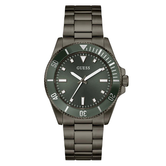 Guess watch with dark green dial and metallic band on a white background