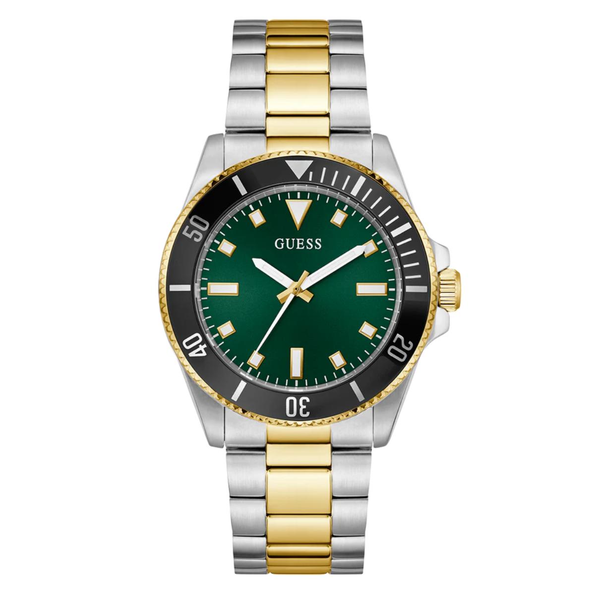 Two-tone watch with green face and gold accents on a white background