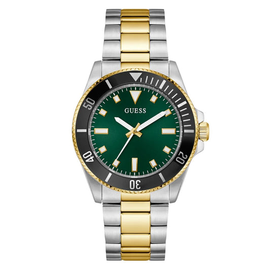 Two-tone watch with green face and gold accents on a white background