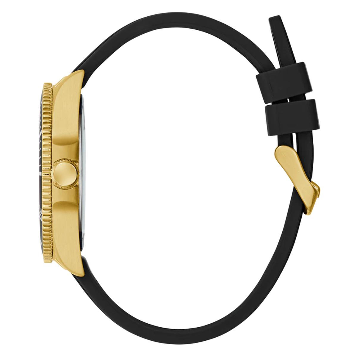 Close-up of a watch with a gold case and black strap on a white background