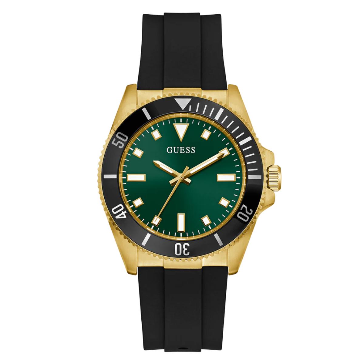 Watch with green dial, gold case, and black strap on a white background
