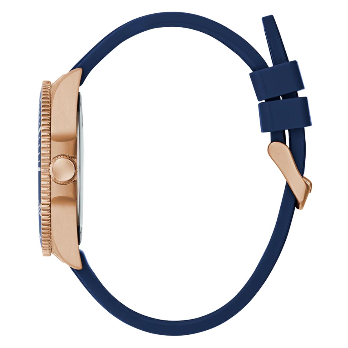 Watch with a blue strap and rose gold case on a white background