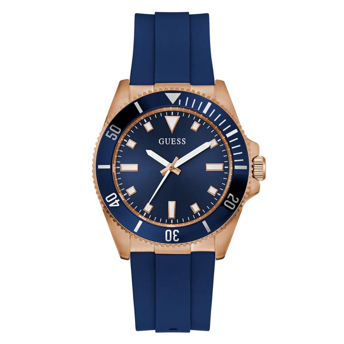 Blue watch with rose gold case and blue strap on white background