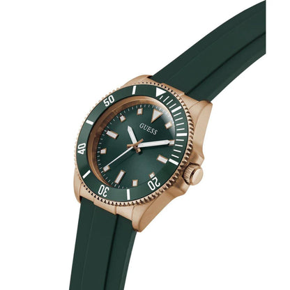 Green watch with rose gold case on a white background