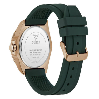 Green watch with rose gold case and band on a white background