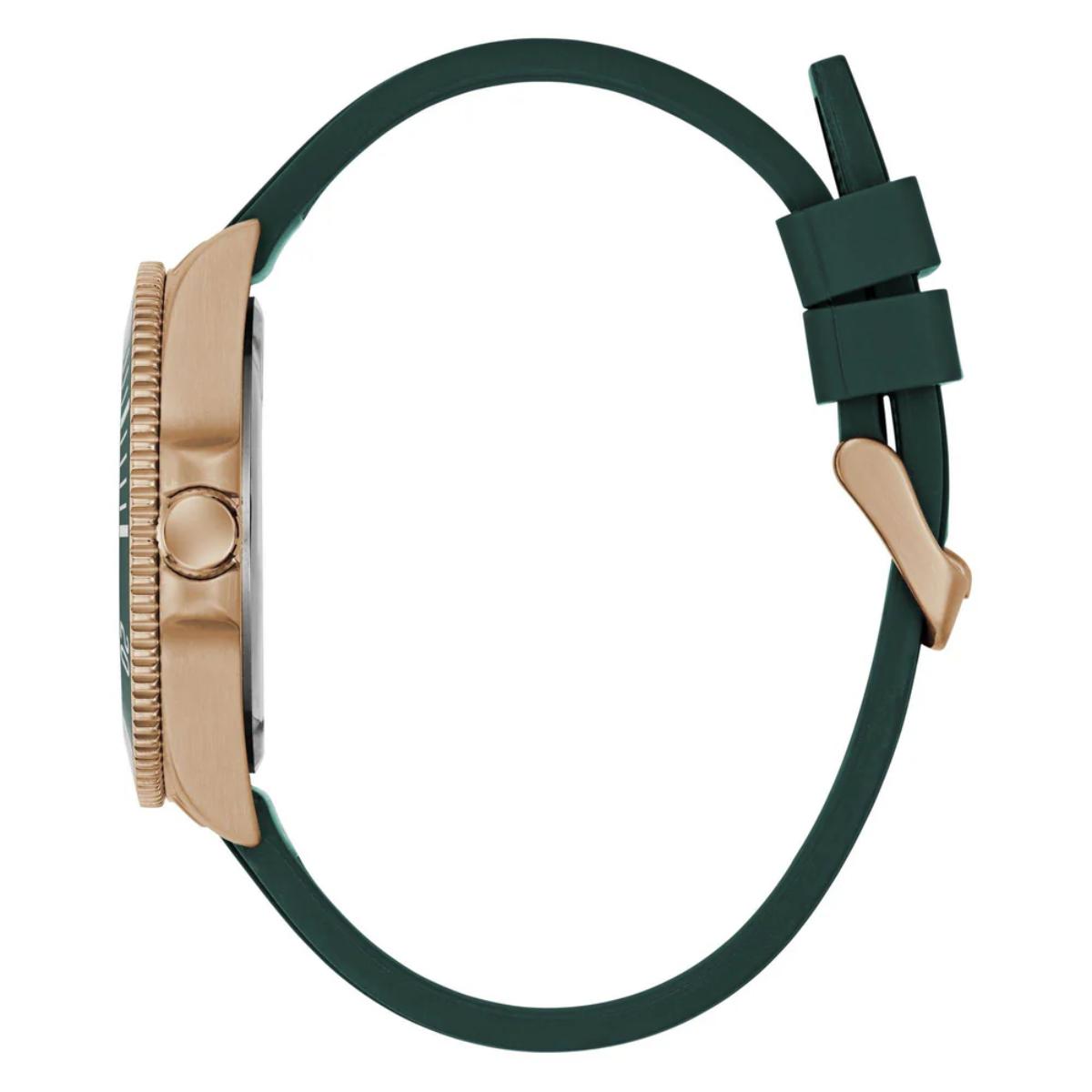 Watch with green strap and rose gold case on a white background