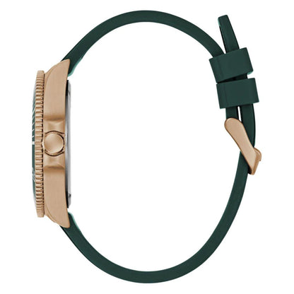 Watch with green strap and rose gold case on a white background