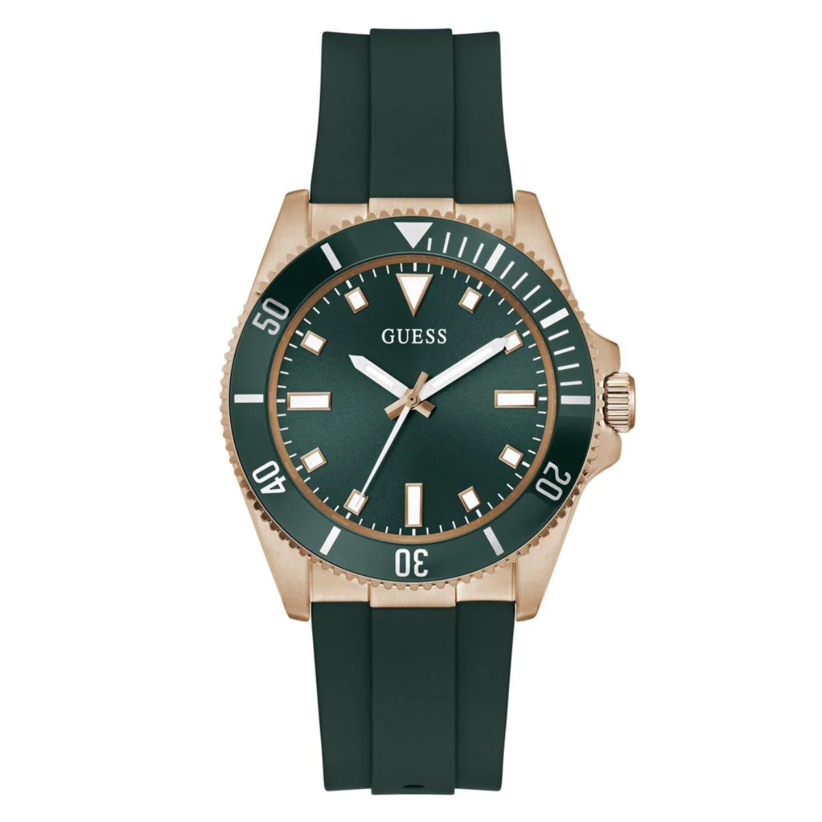 Green watch with rose gold case and strap on white background