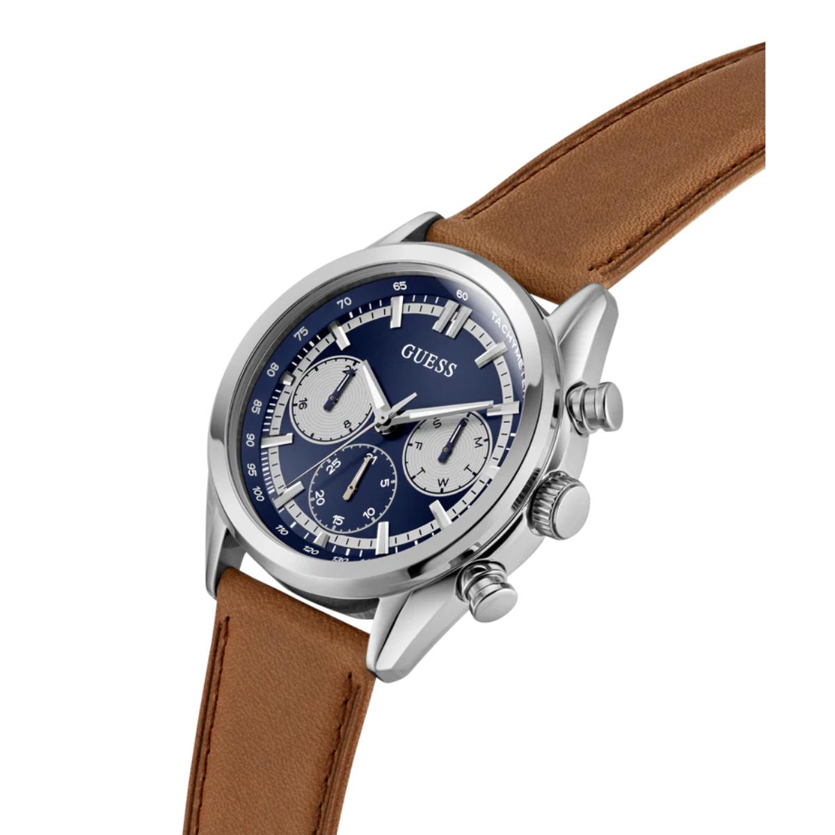 Watch with brown leather strap and blue face on a white background