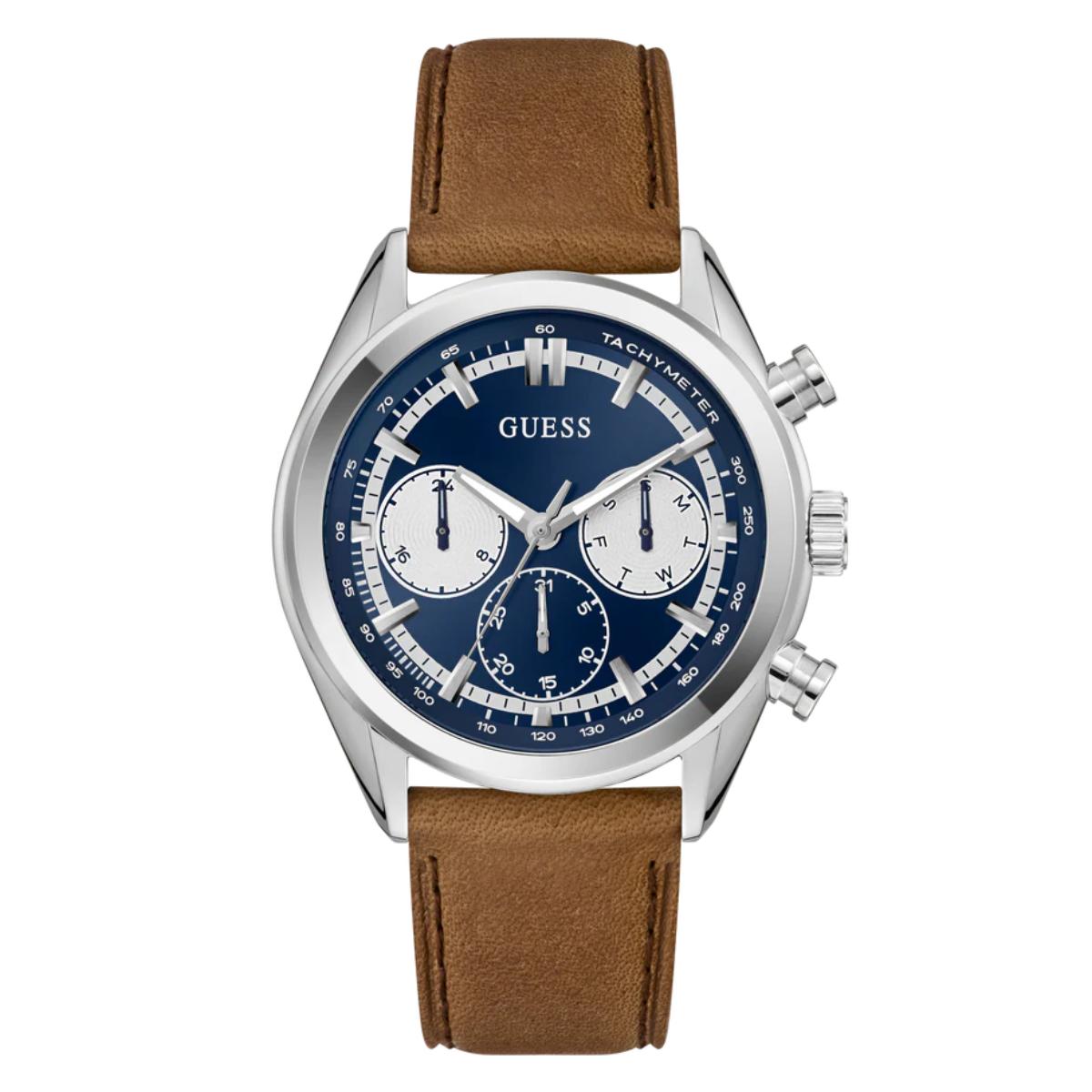 Guess watch with brown leather strap and blue face on a white background