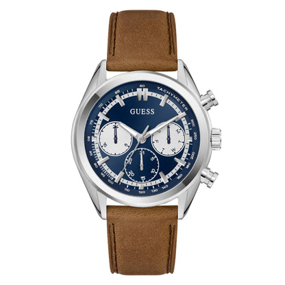 Guess watch with brown leather strap and blue face on a white background