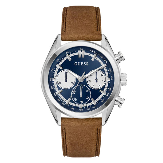 Guess watch with brown leather strap and blue face on a white background
