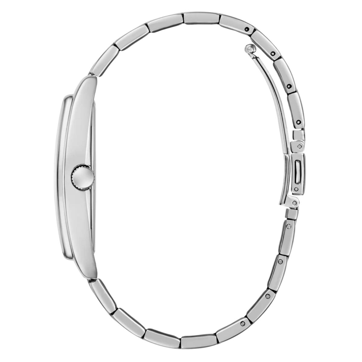 Silver watch band on a white background