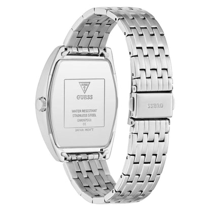 Silver watch with metal band on a white background