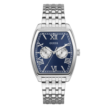 Silver watch with a blue face and roman numerals on a white background