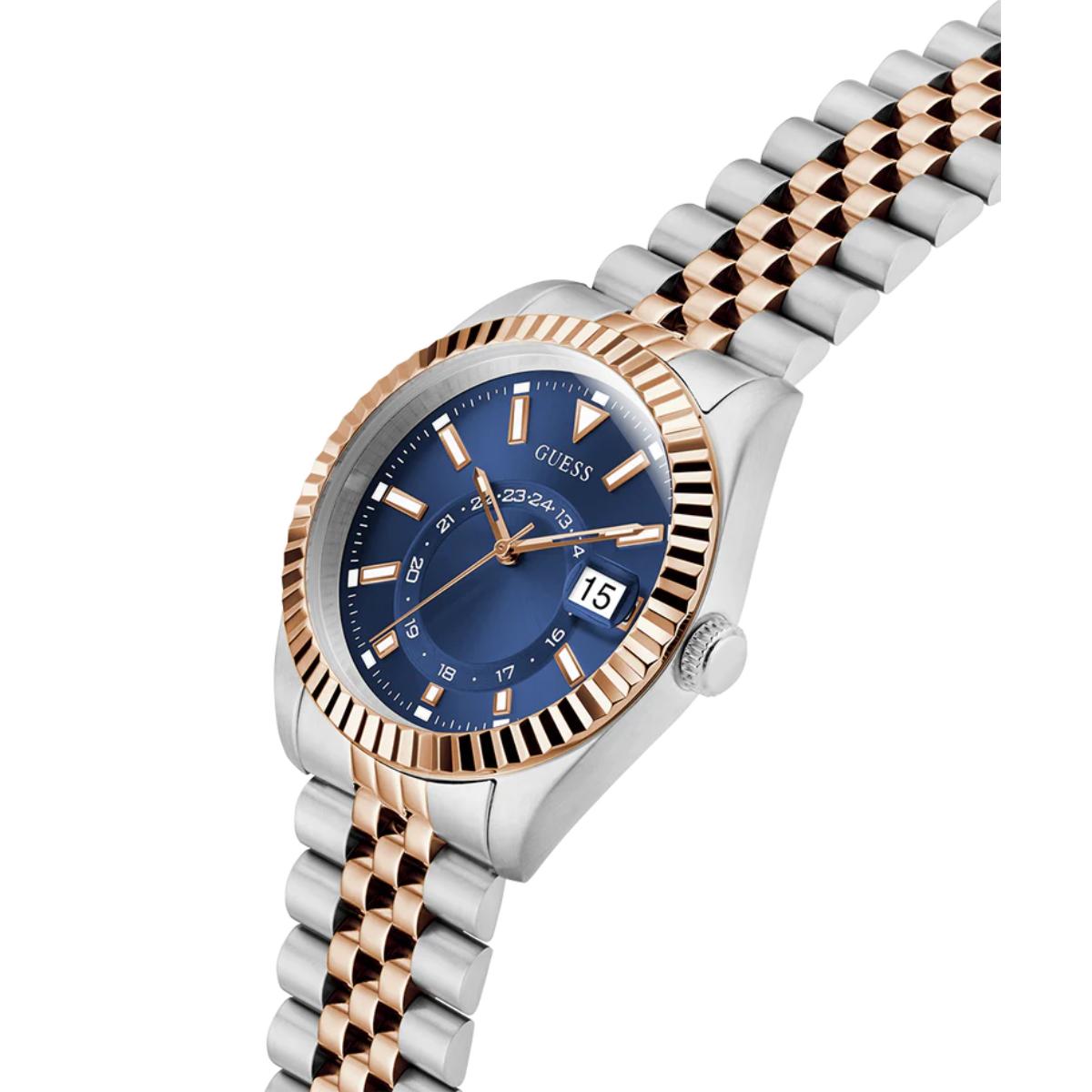 Two-tone watch with blue dial and rose gold accents on a white background